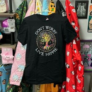 Black Graphic Tee with Colorful Tree Design